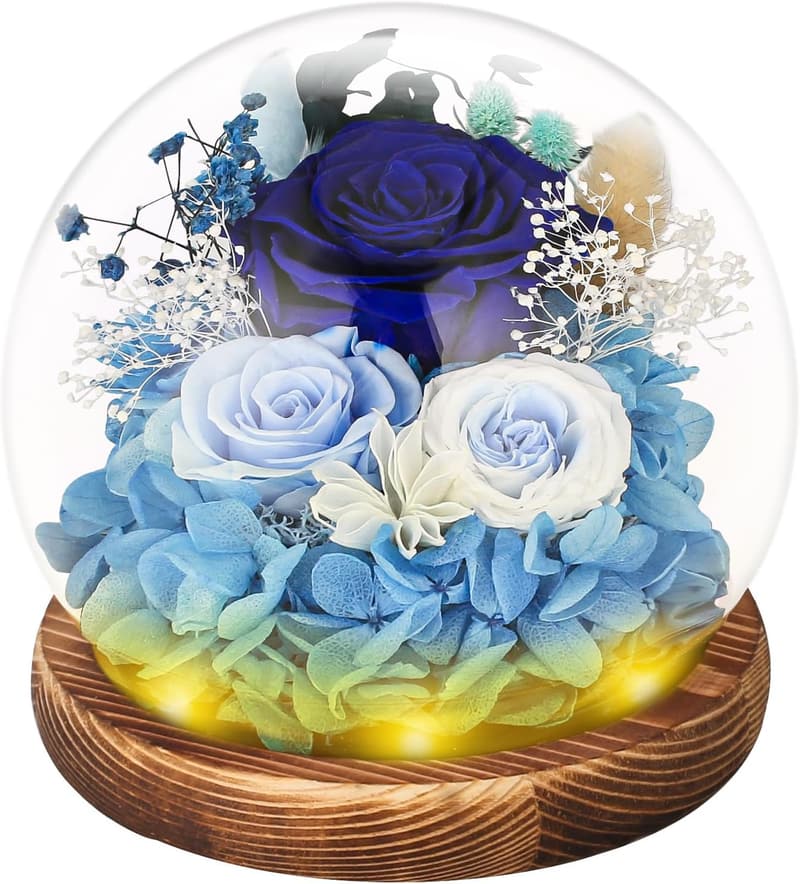 Blue Preserved Real Rose in Glass Dome with LED Light – For Her