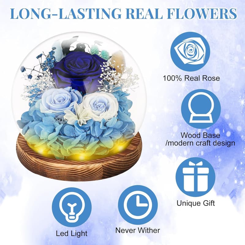 Blue Preserved Real Rose in Glass Dome with LED Light – For Her