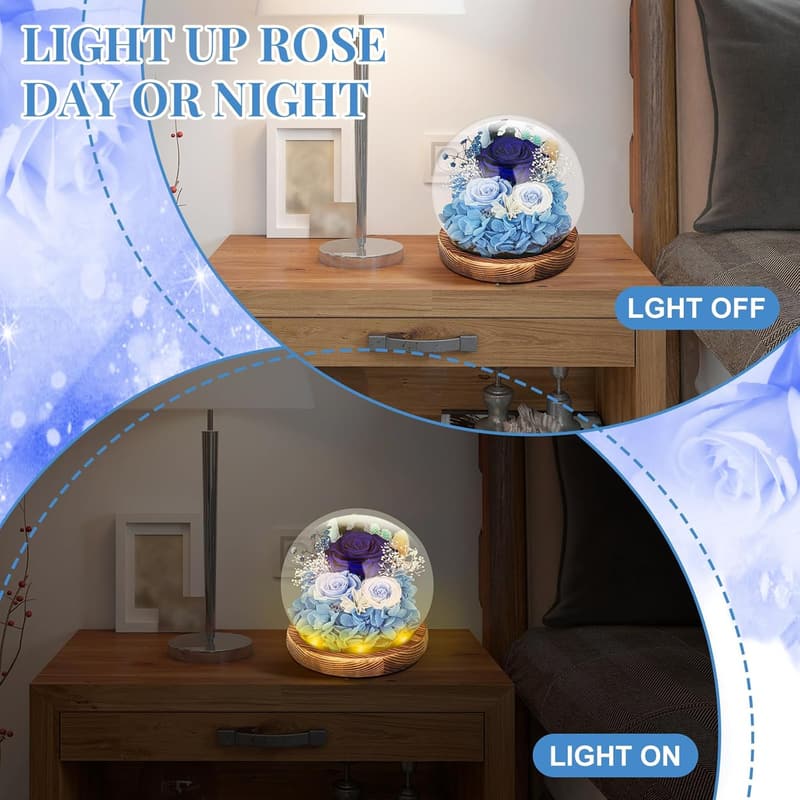 Blue Preserved Real Rose in Glass Dome with LED Light – For Her