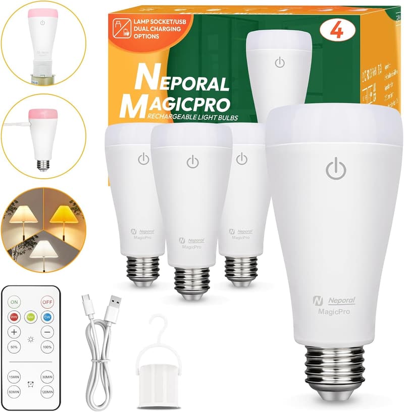 Rechargeable LED Light Bulbs with Remote - 4 Pack