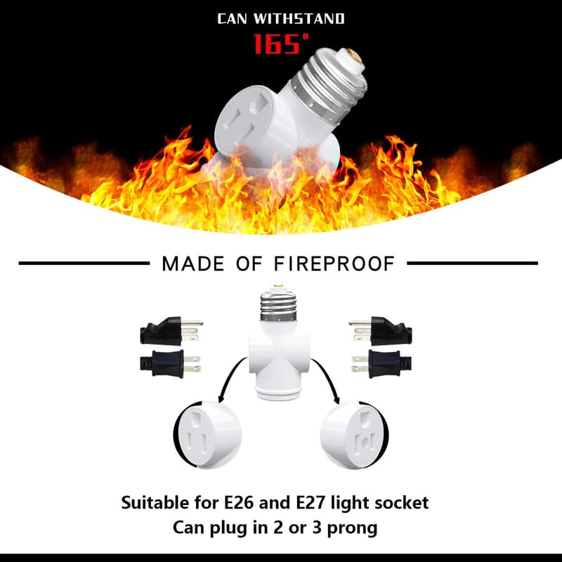 E26 Light Socket to 3-Prong Outlet Adapter (2 Pack)
