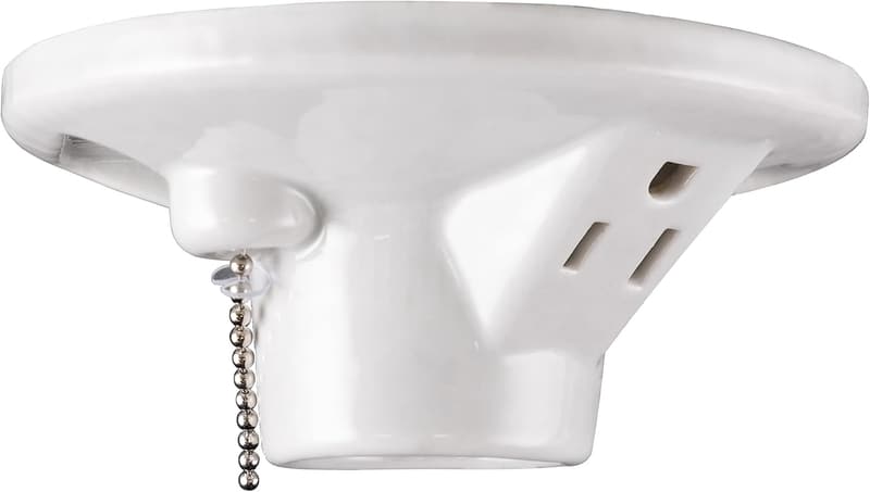 Porcelain Light Socket with Outlet and Pull Chain, White