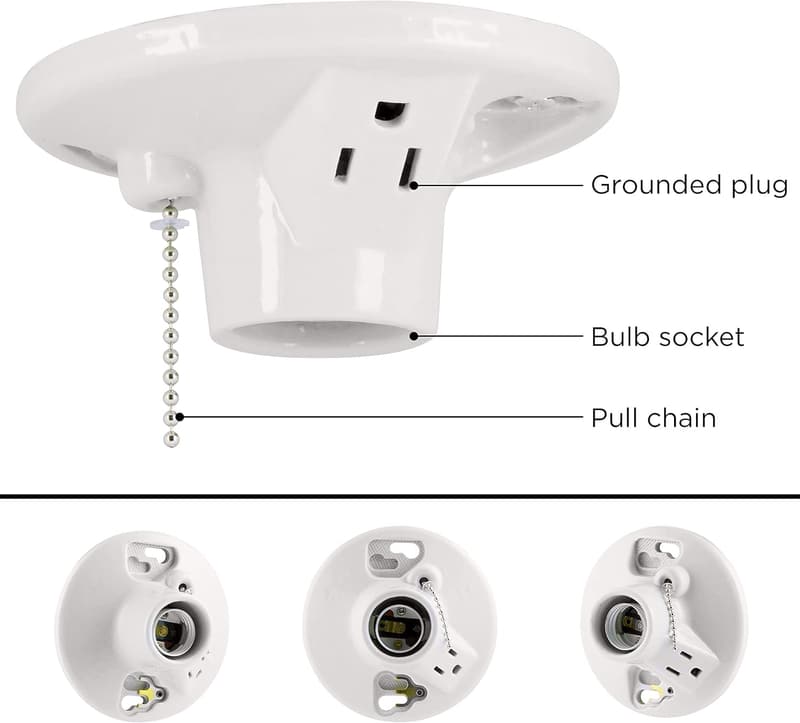 Porcelain Light Socket with Outlet and Pull Chain, White