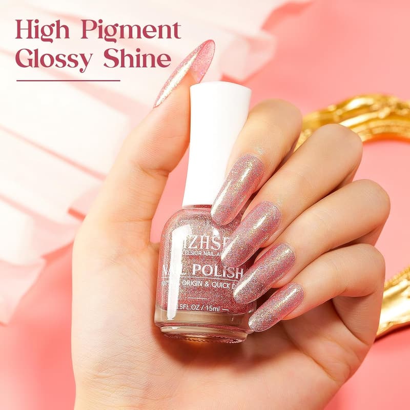 Glitter Pink Quick Dry Nail Polish, 15ml Shimmery Finish