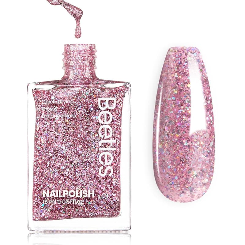 Light Pink Iridescent Glitter Nail Polish, 15ml Fast Drying