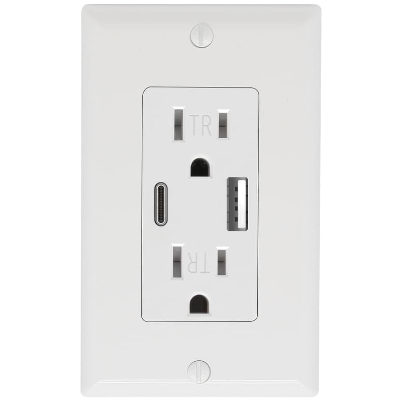 15 Amp Wall Outlet with USB C & A Ports, UL Listed, White