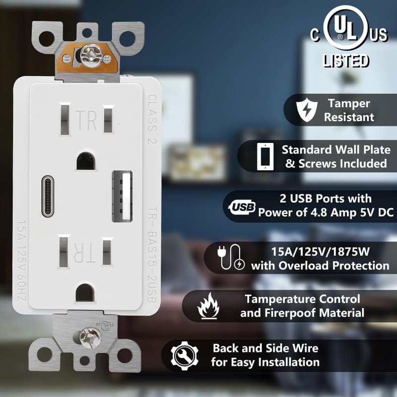 15 Amp Wall Outlet with USB C & A Ports, UL Listed, White