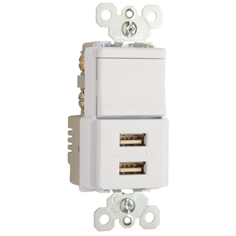 15 Amp Rocker Light Switch with USB Charging Ports - White