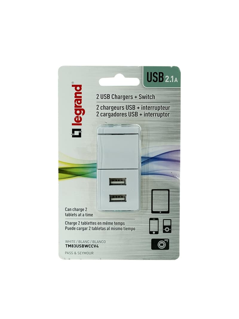 15 Amp Rocker Light Switch with USB Charging Ports - White