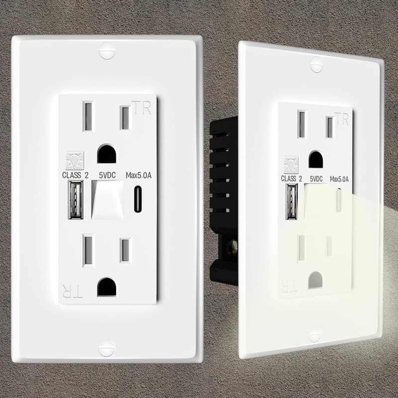 15 Amp Wall Outlet with Night Lights and USB Ports (White)