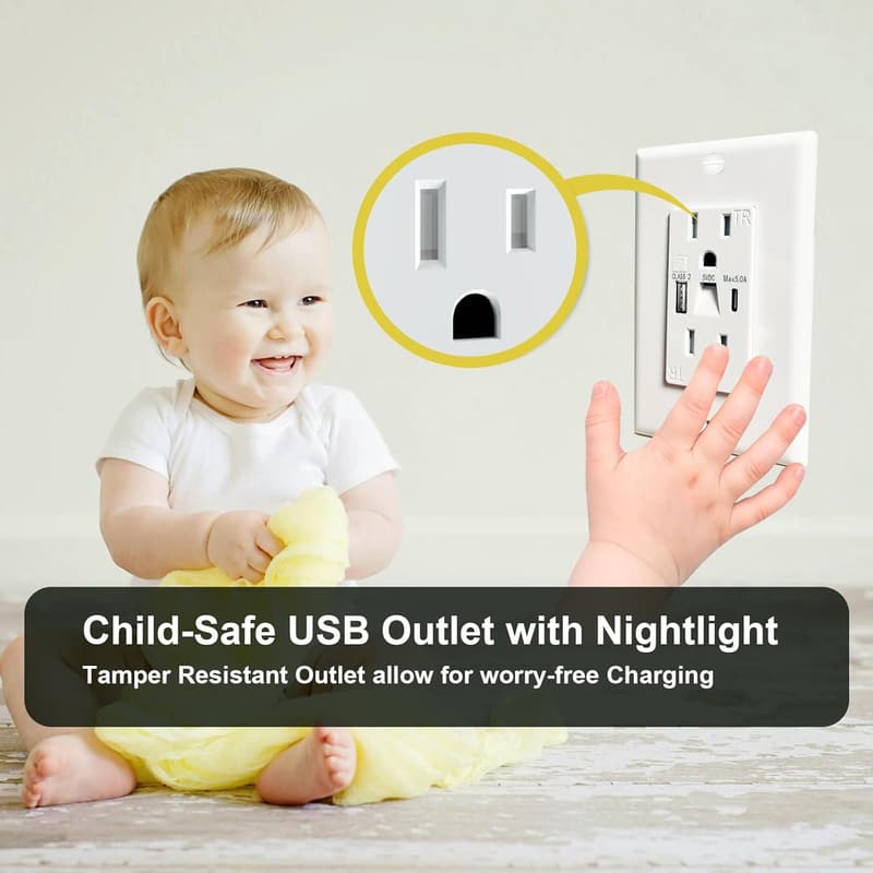 15 Amp Wall Outlet with Night Lights and USB Ports (White)