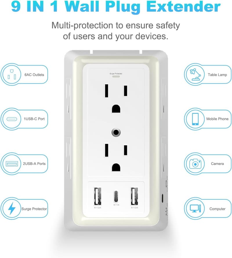 6-Outlet Surge Protector with USB Ports and Night Light