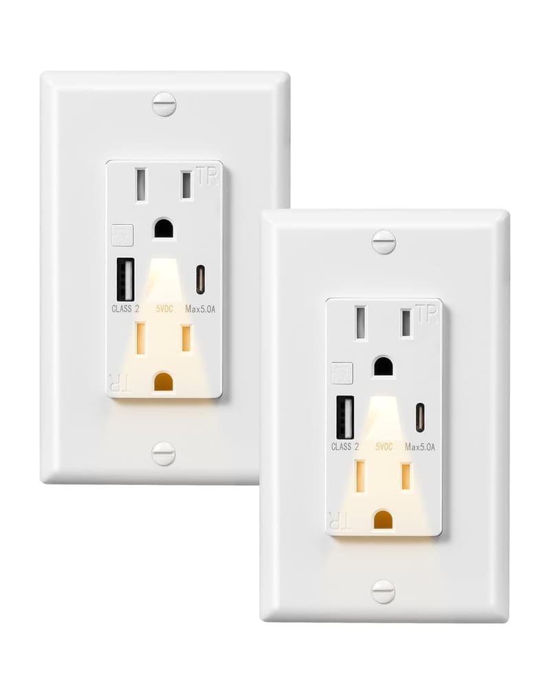 USB Wall Outlet with LED Night Light, 2-Pack, Tamper-Resistant