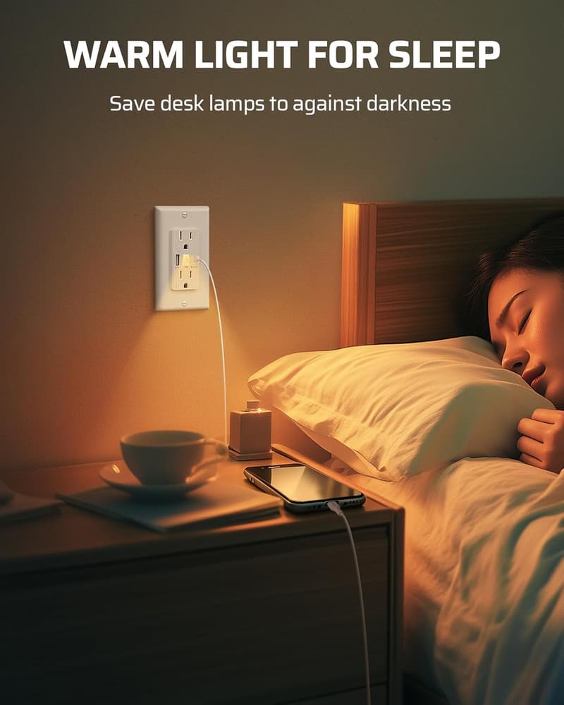 USB Wall Outlet with LED Night Light, 2-Pack, Tamper-Resistant