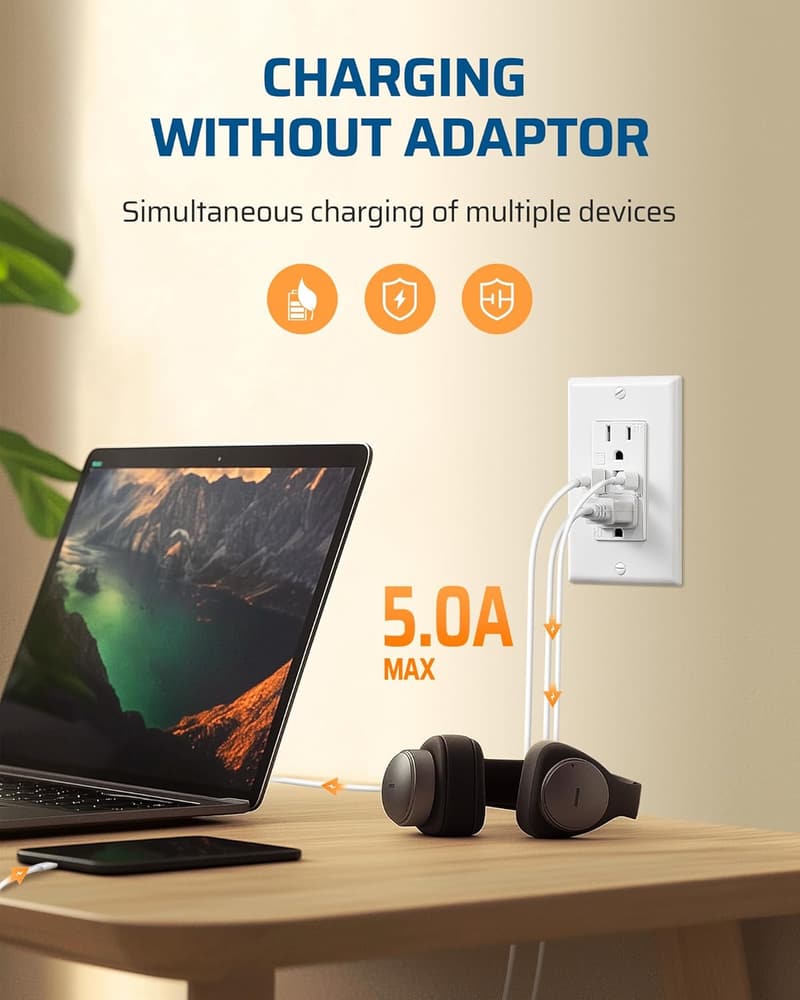 USB Wall Outlet with LED Night Light, 2-Pack, Tamper-Resistant