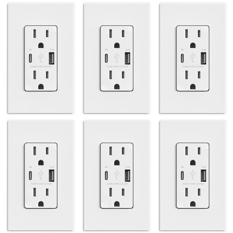 15 Amp USB Wall Outlets with Type A & C Ports (6 Pack)
