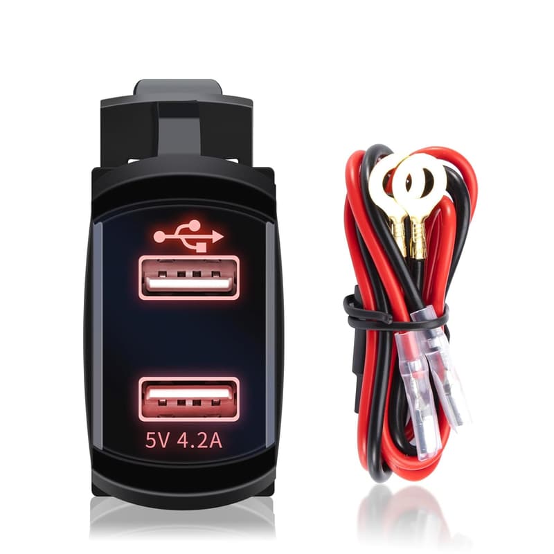 Waterproof Dual USB Charger with Red LED Light for Vehicles