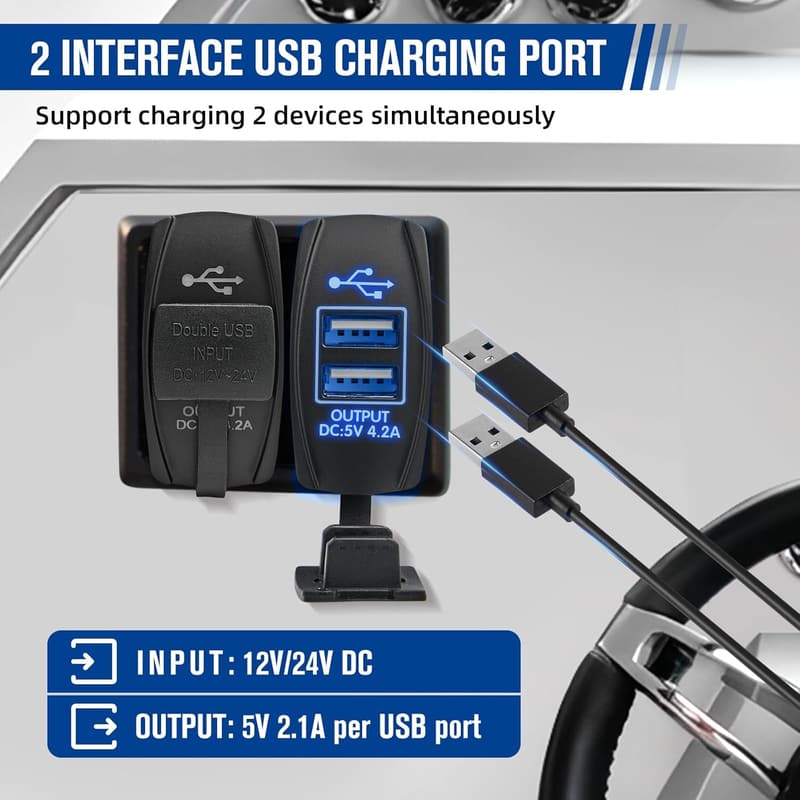 Universal Dual USB Charger with Blue LED Light for Marine Use