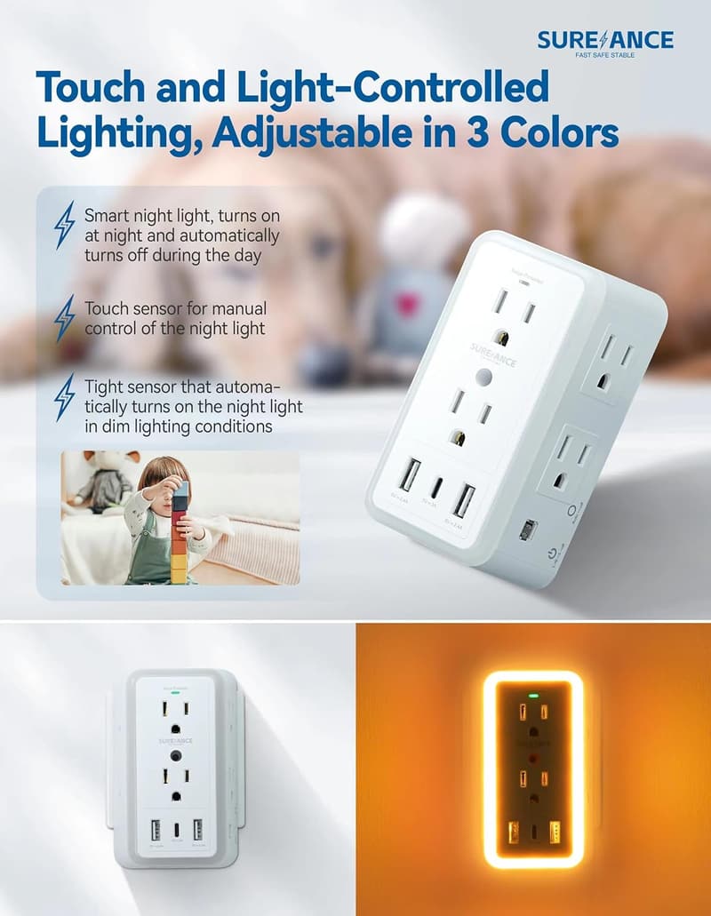 Surge Protector Wall Outlet with USB Ports and Smart Lighting