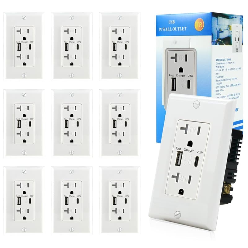 20W Fast Charging USB C Wall Outlets, 10-Pack, ETL Listed