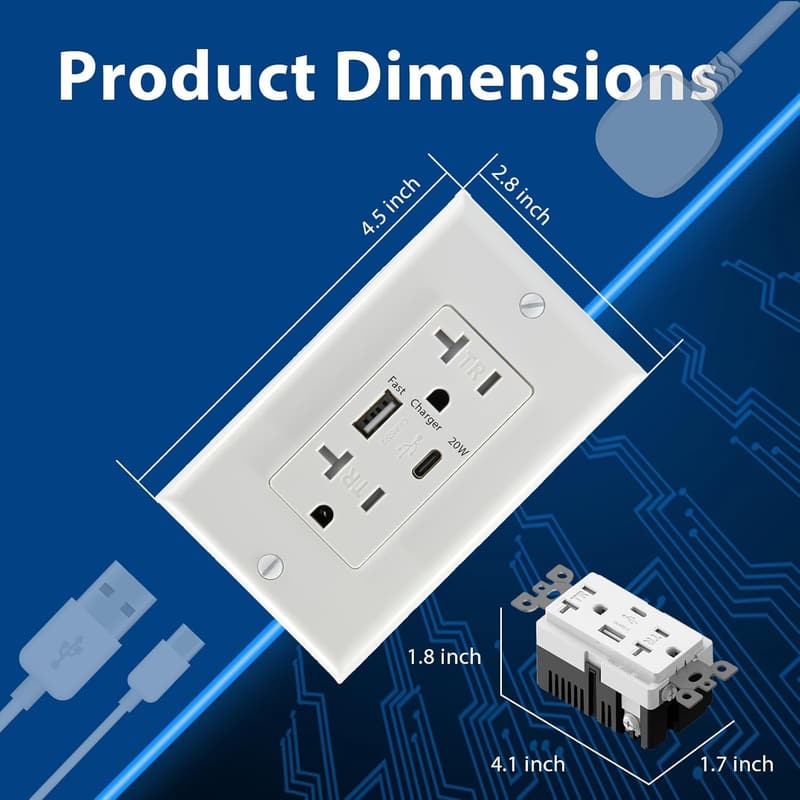 20W Fast Charging USB C Wall Outlets, 10-Pack, ETL Listed
