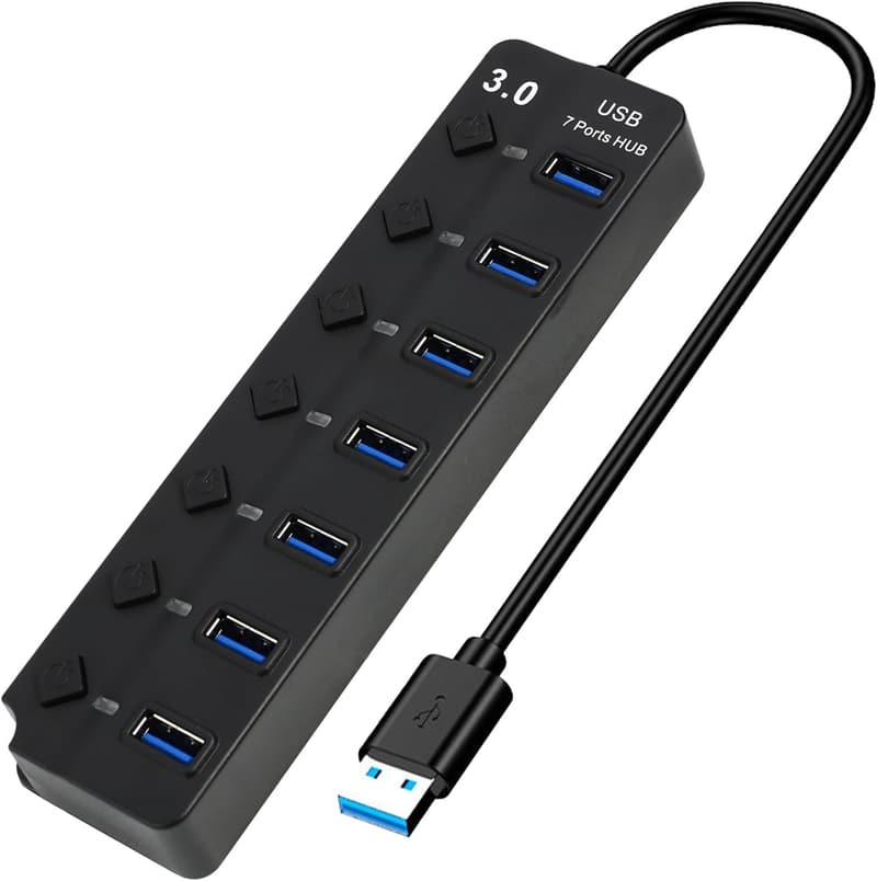 7-Port USB 3.0 Hub with Individual Switches & LED Lights
