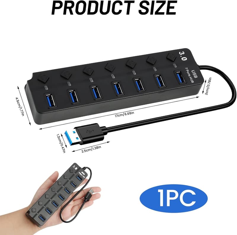 7-Port USB 3.0 Hub with Individual Switches & LED Lights