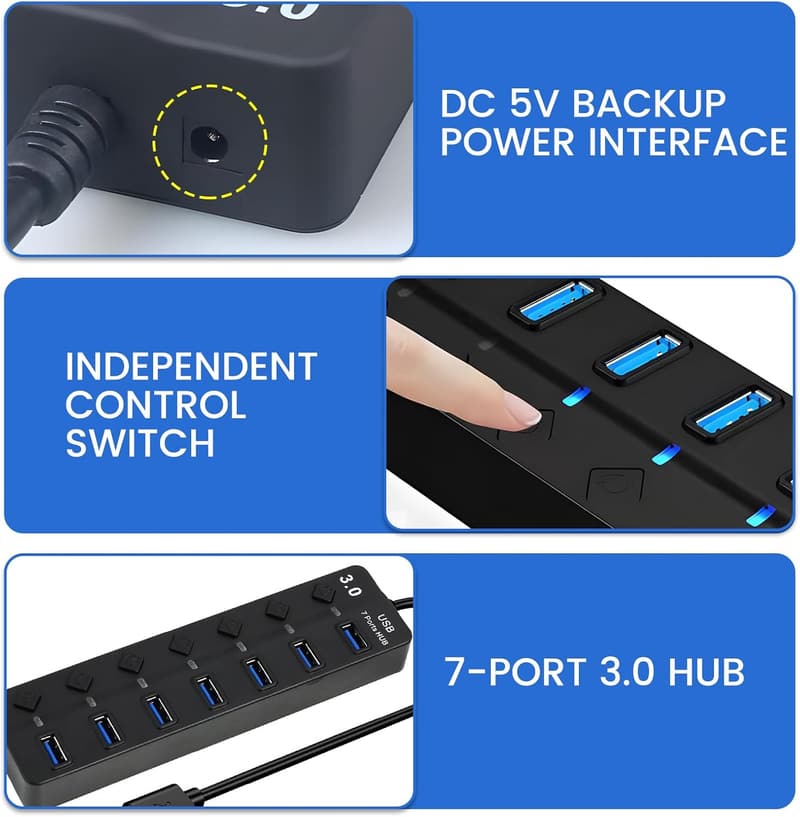 7-Port USB 3.0 Hub with Individual Switches & LED Lights