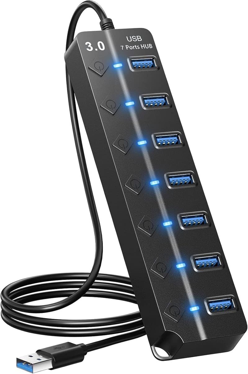 7-Port USB Hub Splitter with Individual Switches & 3.2ft Cable
