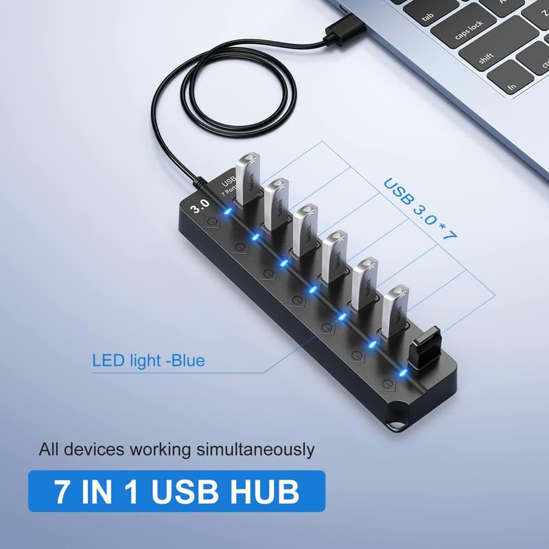 7-Port USB Hub Splitter with Individual Switches & 3.2ft Cable