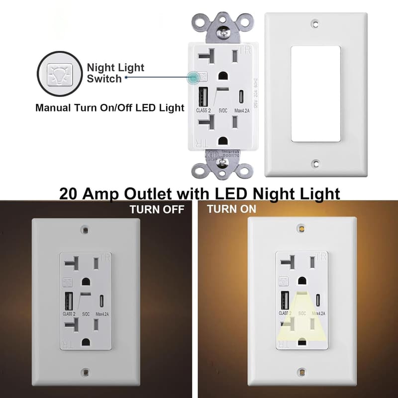 20 Amp Electrical Outlet with USB Ports, Tamper-Resistant, White