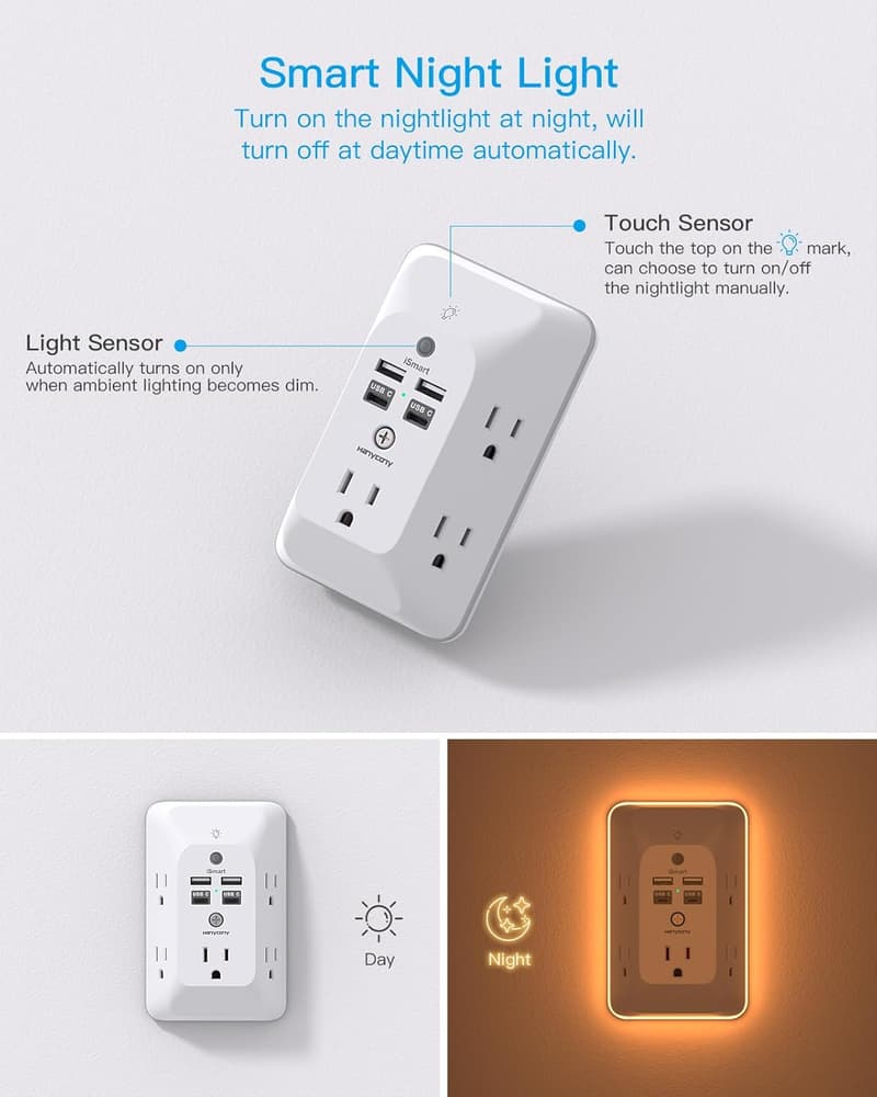 HANYCONY 4-Port Outlet Extender with USB & Night Light