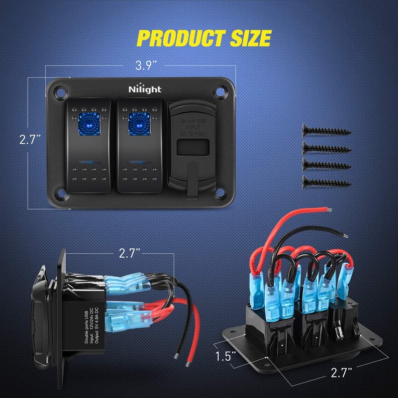 Dual USB Rocker Switch Panel with Voltmeter for 12V-24V Vehicles
