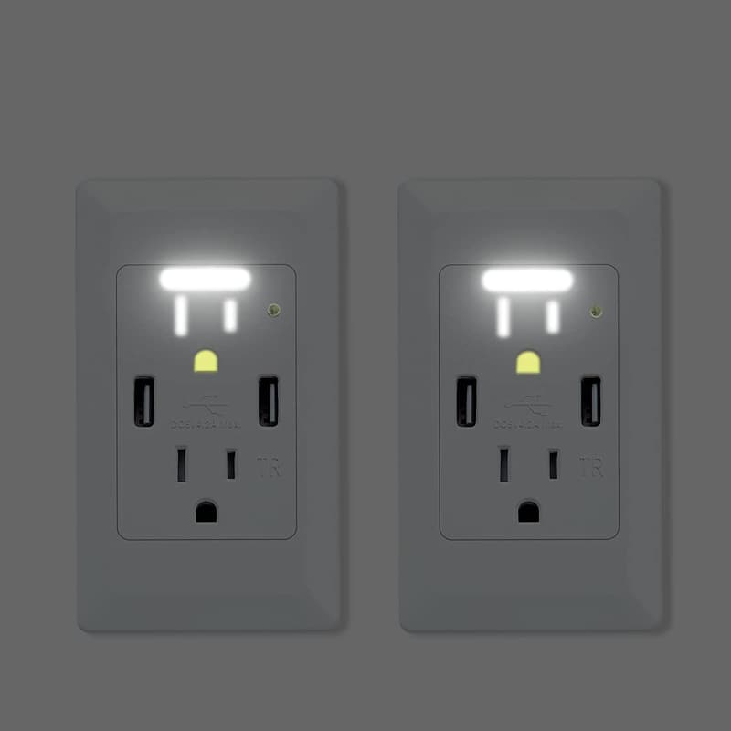 High-Speed USB Outlet with Auto Nightlight, 15 Amp, 2 Pack