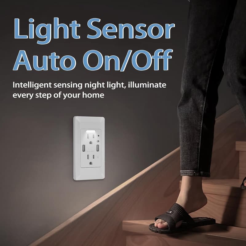 High-Speed USB Outlet with Auto Nightlight, 15 Amp, 2 Pack