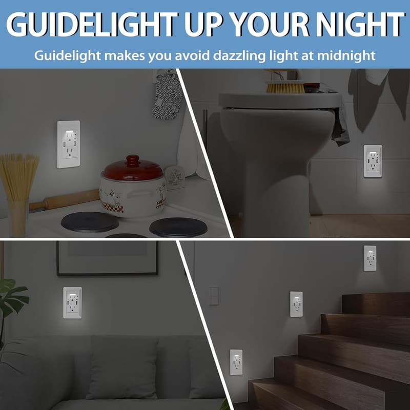 High-Speed USB Outlet with Auto Nightlight, 15 Amp, 2 Pack