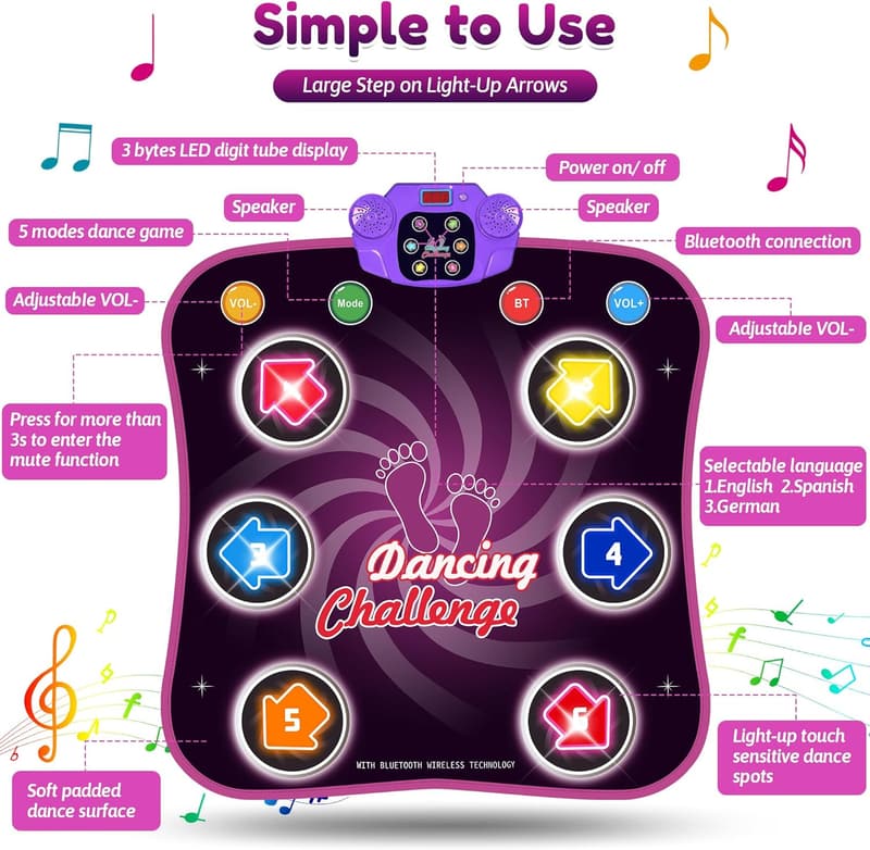 Light-Up Dance Mat for Kids Ages 3-12 - 6-Button Bluetooth Game