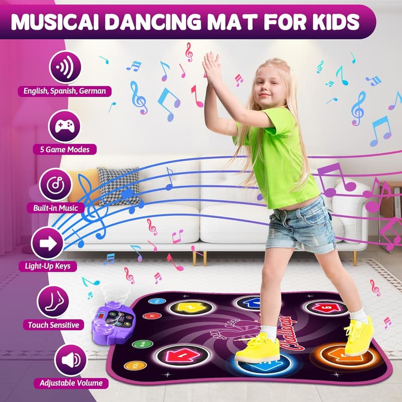 Light-Up Dance Mat for Kids Ages 3-12 - 6-Button Bluetooth Game