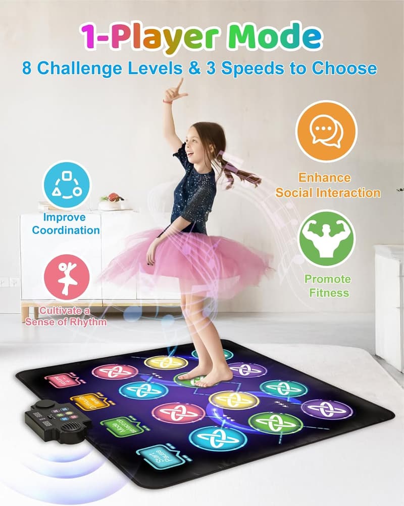 LED Light-Up Dance Game Mat for Kids, 12-Button, 1-2 Players