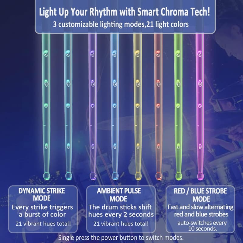 LED Glow Drumsticks - 21 Colors & 3 Modes for Drummers
