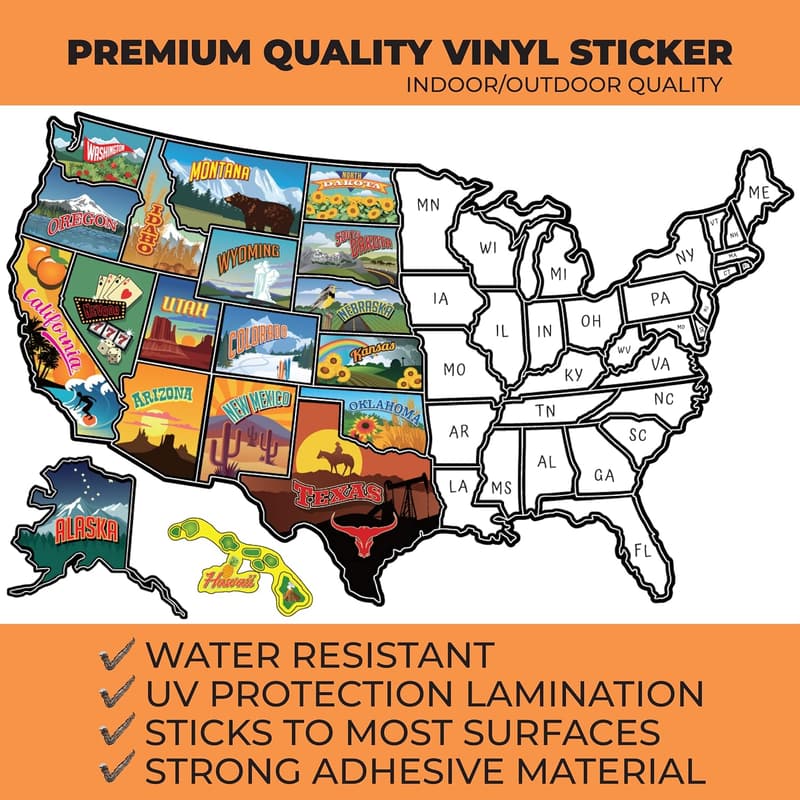 USA State Travel Map Vinyl Sticker - Waterproof Decal for RV