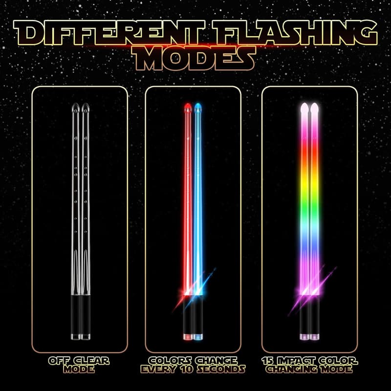 LED Lightsaber Drumsticks - Rechargeable, Color Changing, 10 Colors