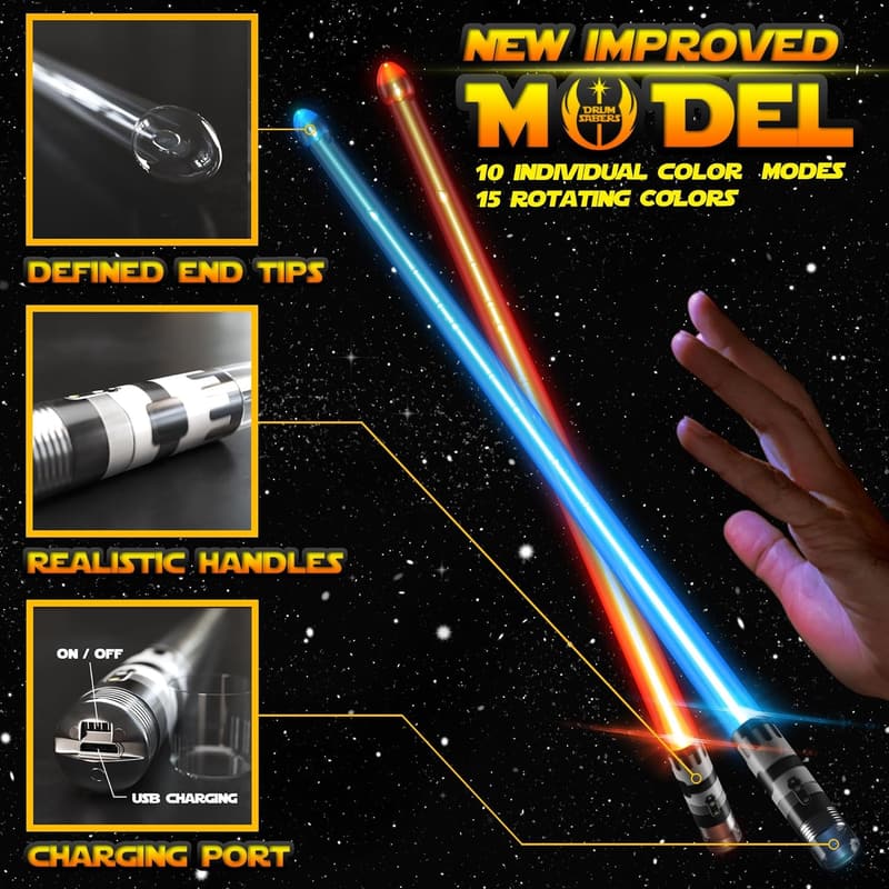 LED Lightsaber Drumsticks - Rechargeable, Color-Changing Glowing Set