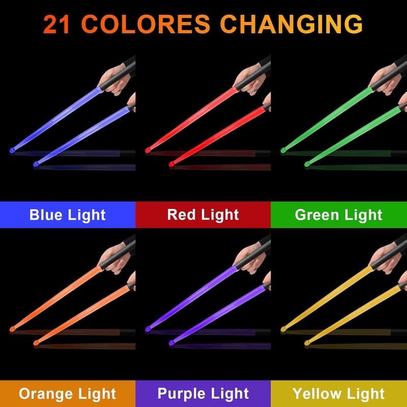 LED Light-Up Drumsticks - 21 Colors & 3 Modes for Drummers