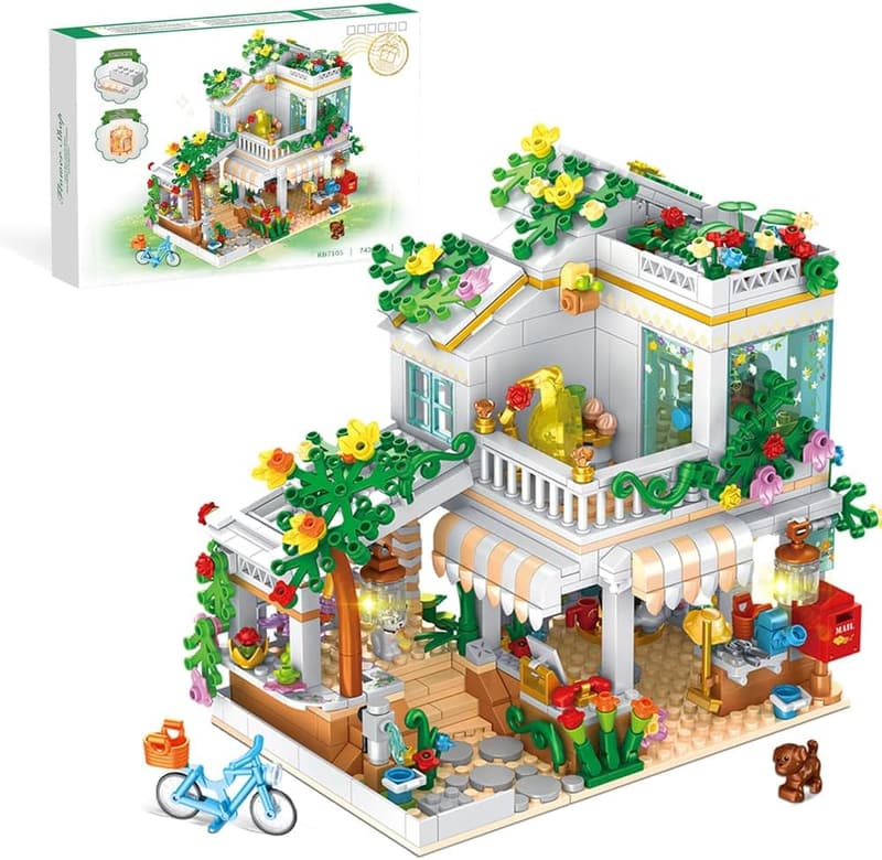 LED Light Flower Shop Building Blocks Set for Kids, 742 Pieces