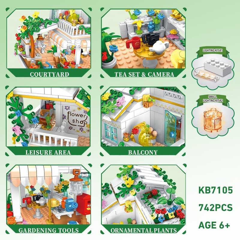 LED Light Flower Shop Building Blocks Set for Kids, 742 Pieces