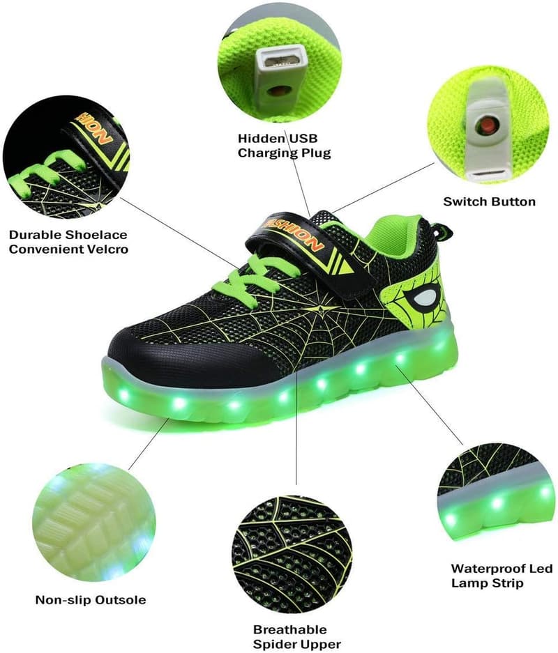Kids' LED Flash Sneakers with Spider Upper - USB Rechargeable