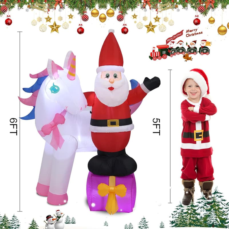 6FT Unicorn Inflatable Christmas Decoration with LED Lights