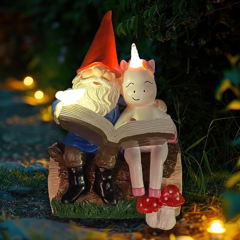 Gnome and Unicorn Reading Statue with Solar Light for Garden Decor