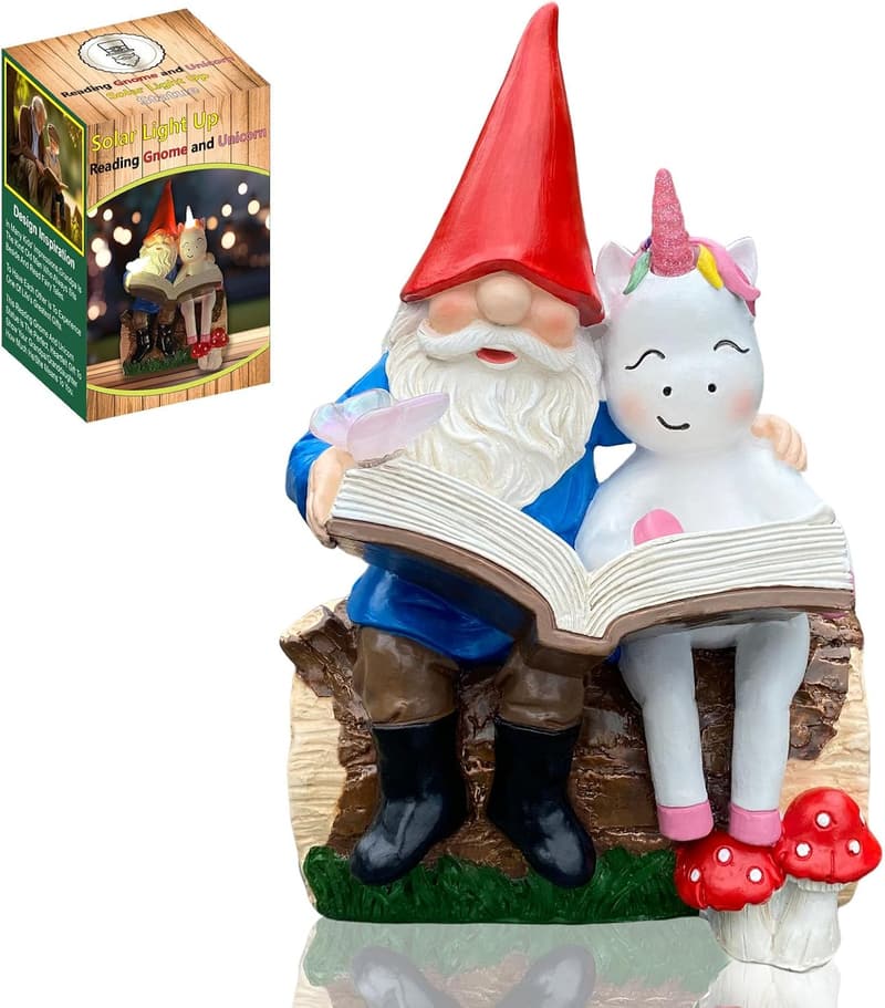 Gnome and Unicorn Reading Statue with Solar Light for Garden Decor